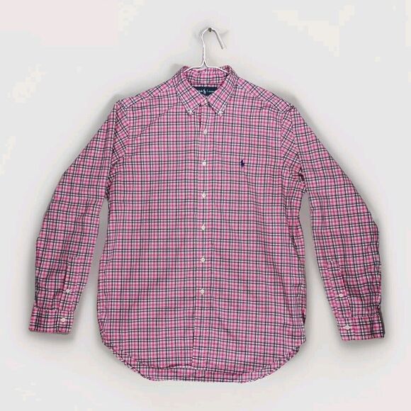 Ralph Lauren Shirt Mens Sz Large Pink Check Button Up Long Sleeve Pony Preppy - Picture 1 of 9